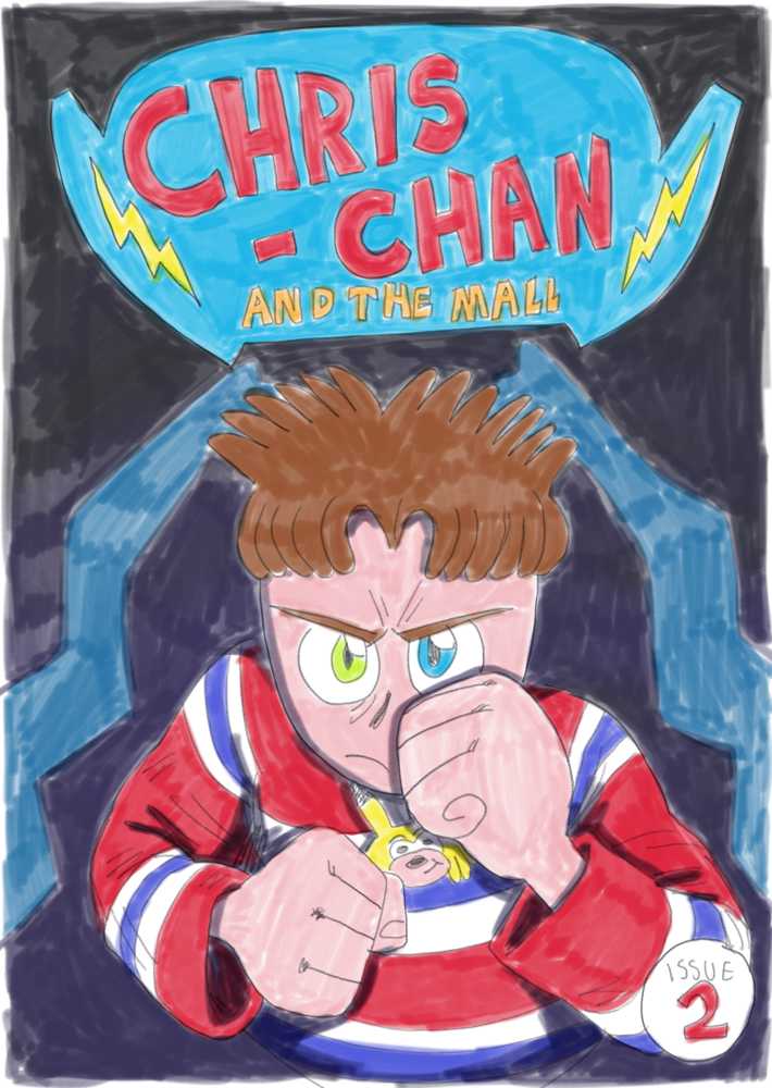 Cover image for Chris Chan and the Mall: Office Space comic issue. Chris' face is shown up close, his fists raised in a defensive position. Behind him is a shadowy silhouette of two pigtails.